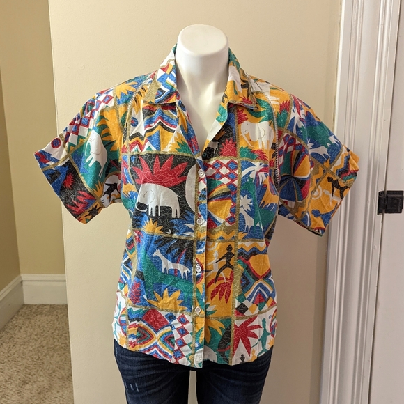Vintage Tops - Vintage colorful tribal print button down cotton top size small